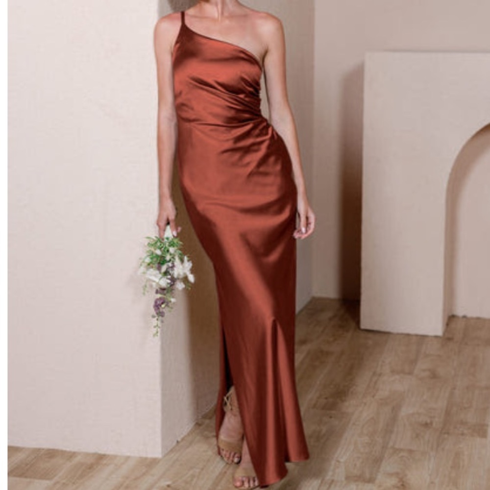 Revelry Jade Satin Dress in Terracotta Color